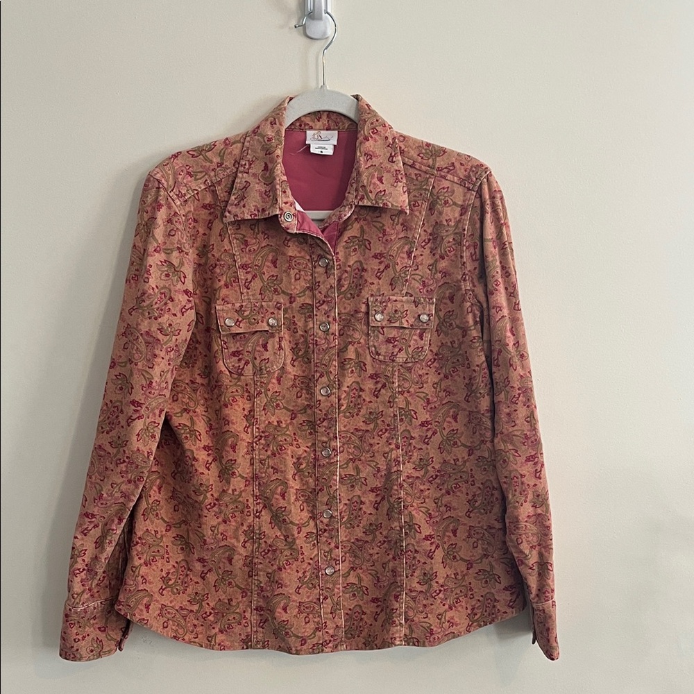 Vintage Corduroy Snap Button Down Top Jacket Paisley Pink Floral M Motherhood